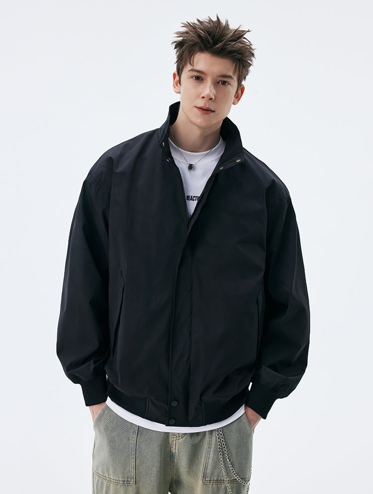 Stand Collar Zip-Up Bomber Jacket with Ribbed Hem