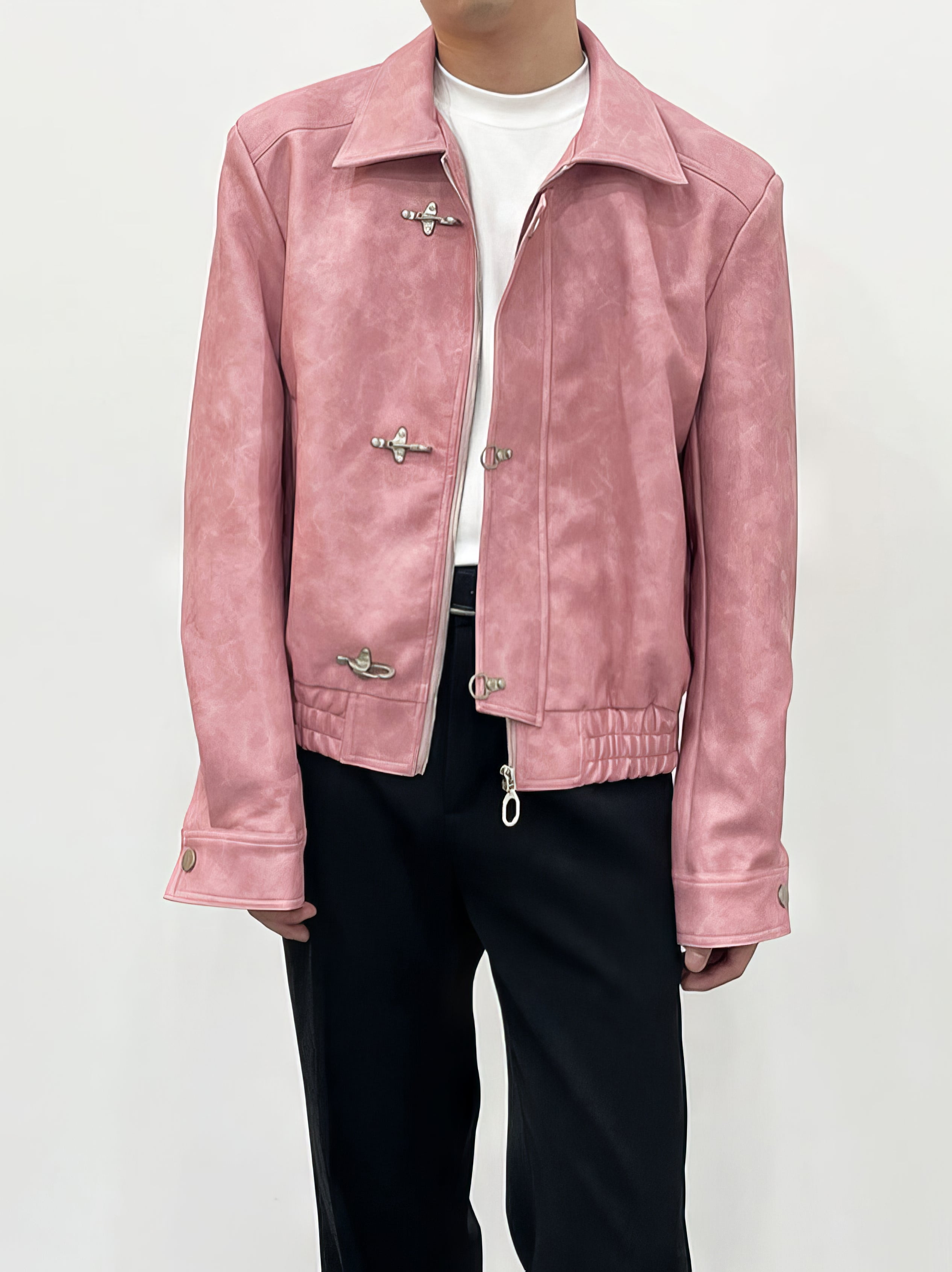 Fireman Clasp-Buckle Faux Leather Collared Jacket