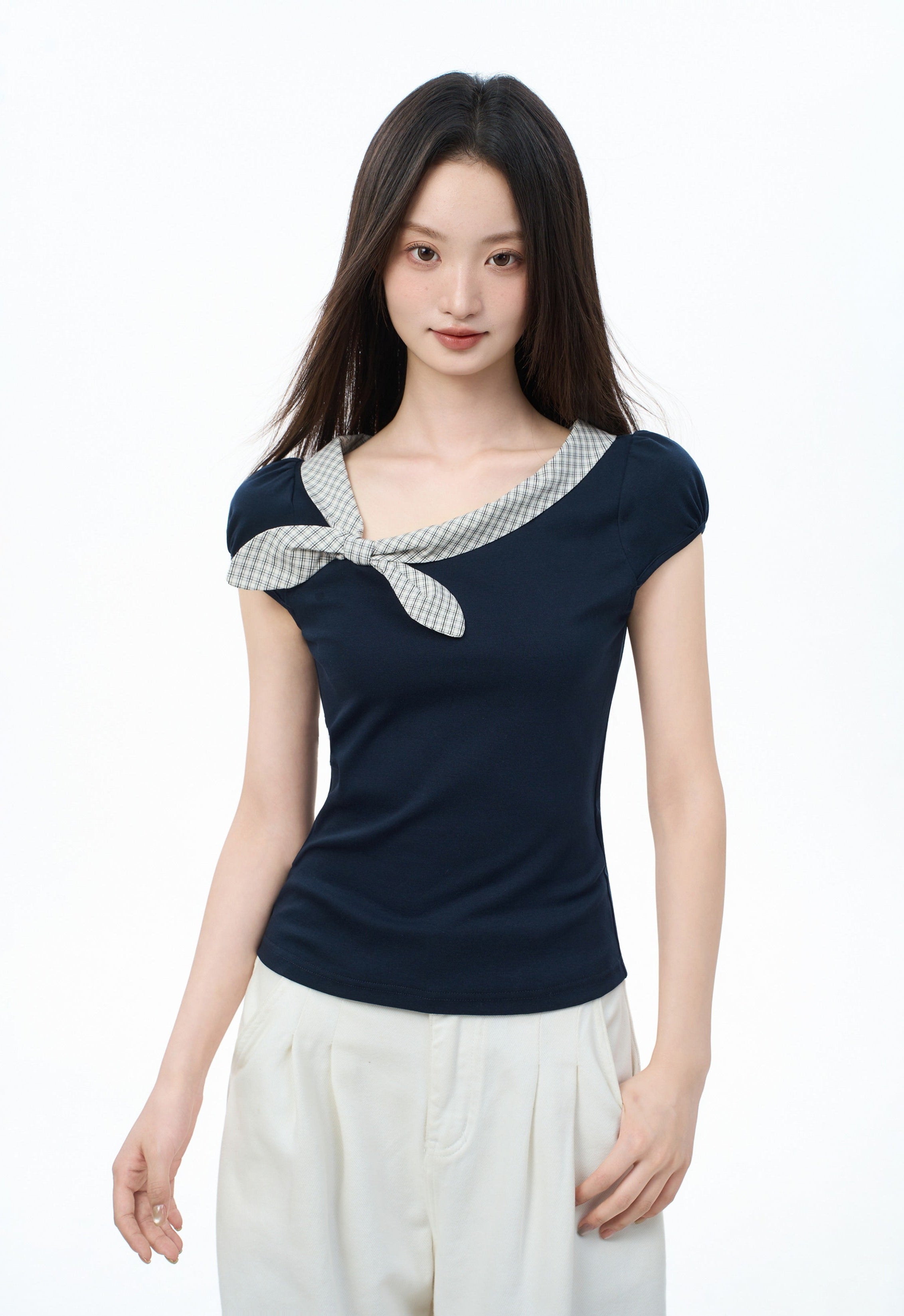 Asymmetric Checker Collar Cap Sleeve Top