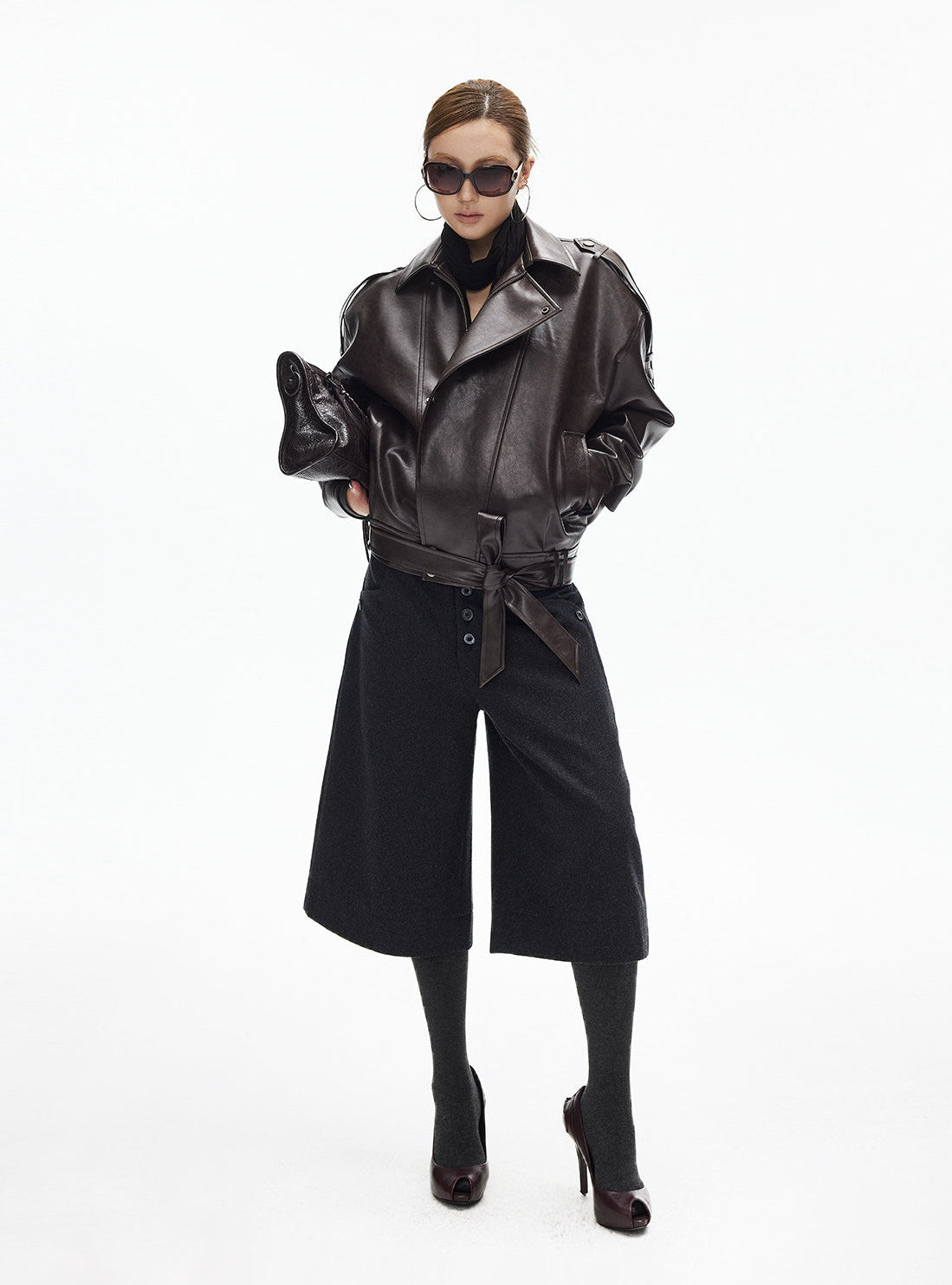 Faux Leather Asymmetric Belted Moto Jacket - nightcity clothing