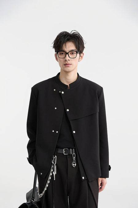 Slim Asymmetric Button-Detail Lapelless Blazer Jacket - nightcity clothing