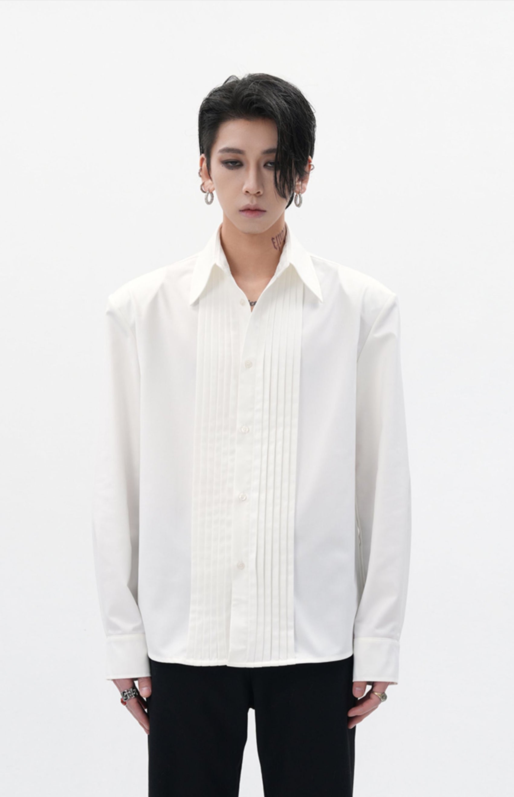 Boxy Pleated Front Pointed Collar Tuxedo Shirt
