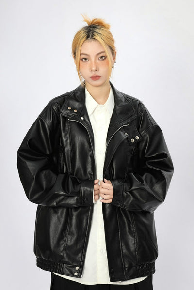 Fold Over Collar Faux Leather Jacket
