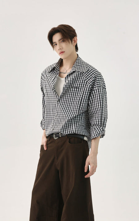 Gingham Pattern Long Sleeve Wide-Collar Button Shirt - nightcity clothing