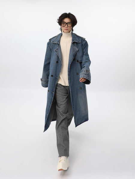 Double-Breasted Denim Oversized Trench Coat - nightcity clothing