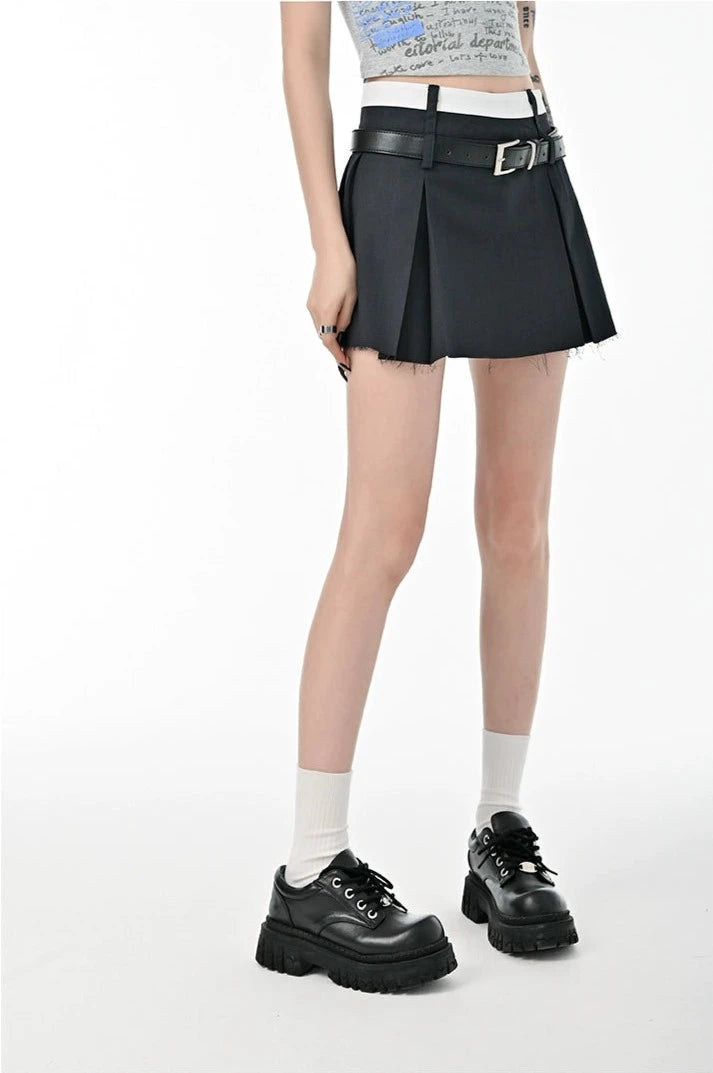 Distressed Hem Skort Pleated Mini Skirt
