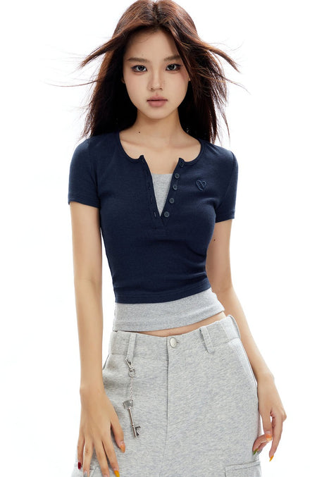 Ribbed Henley Mock Two-Piece Short Sleeve Crop Top - nightcity clothing