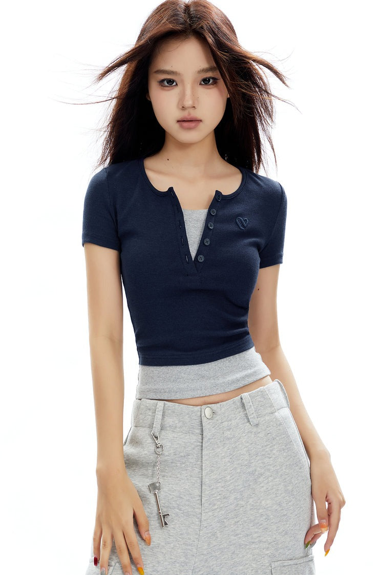 Ribbed Henley Mock Two-Piece Short Sleeve Crop Top