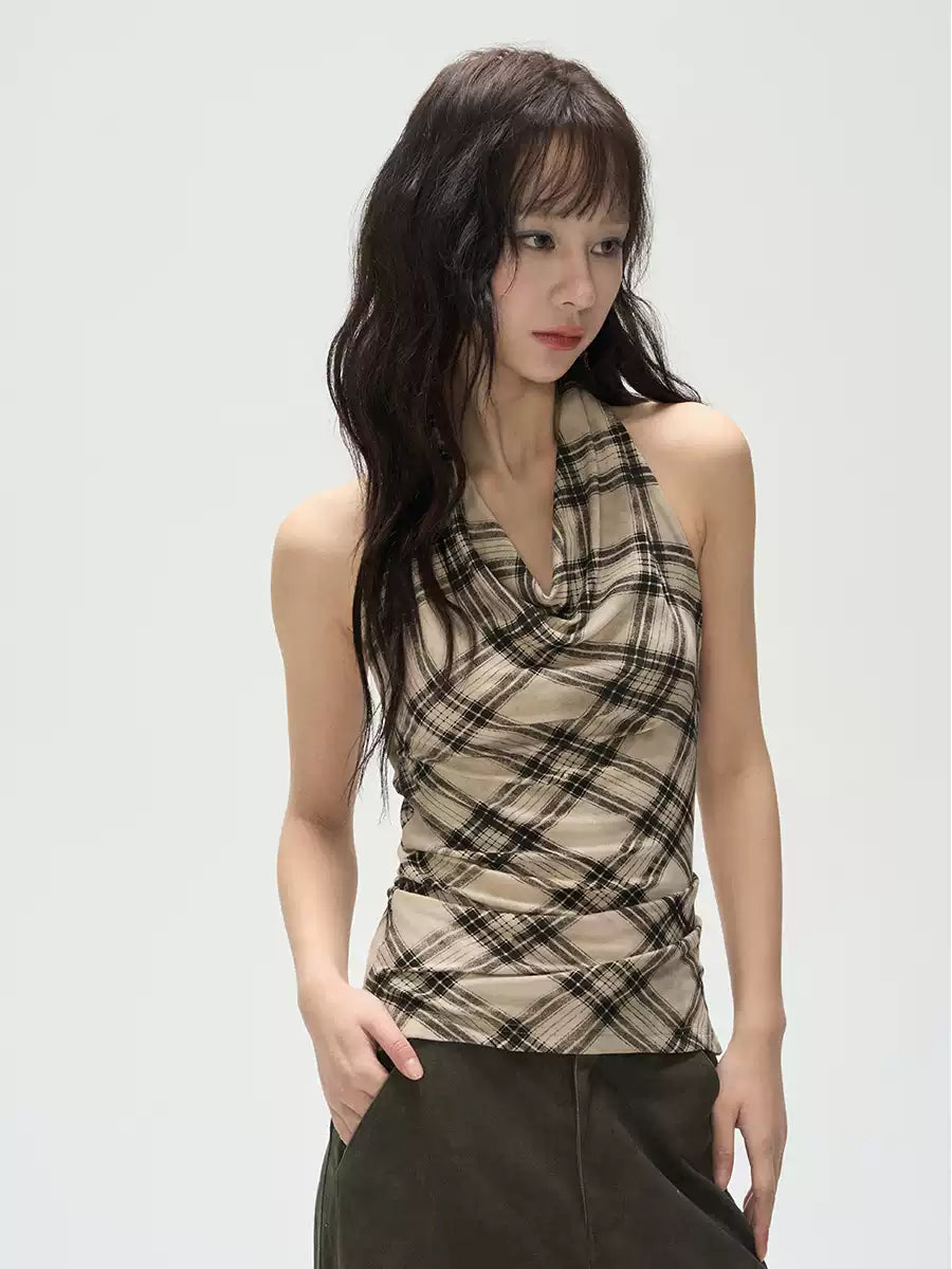 Plaid  Drape Halter Neck Sleeveless Top