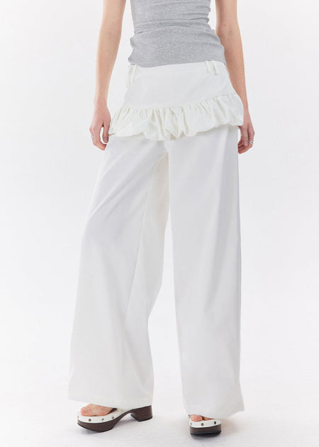 Wide Leg Trousers with Ruffle Waist Detail and Belt Loops - nightcity clothing
