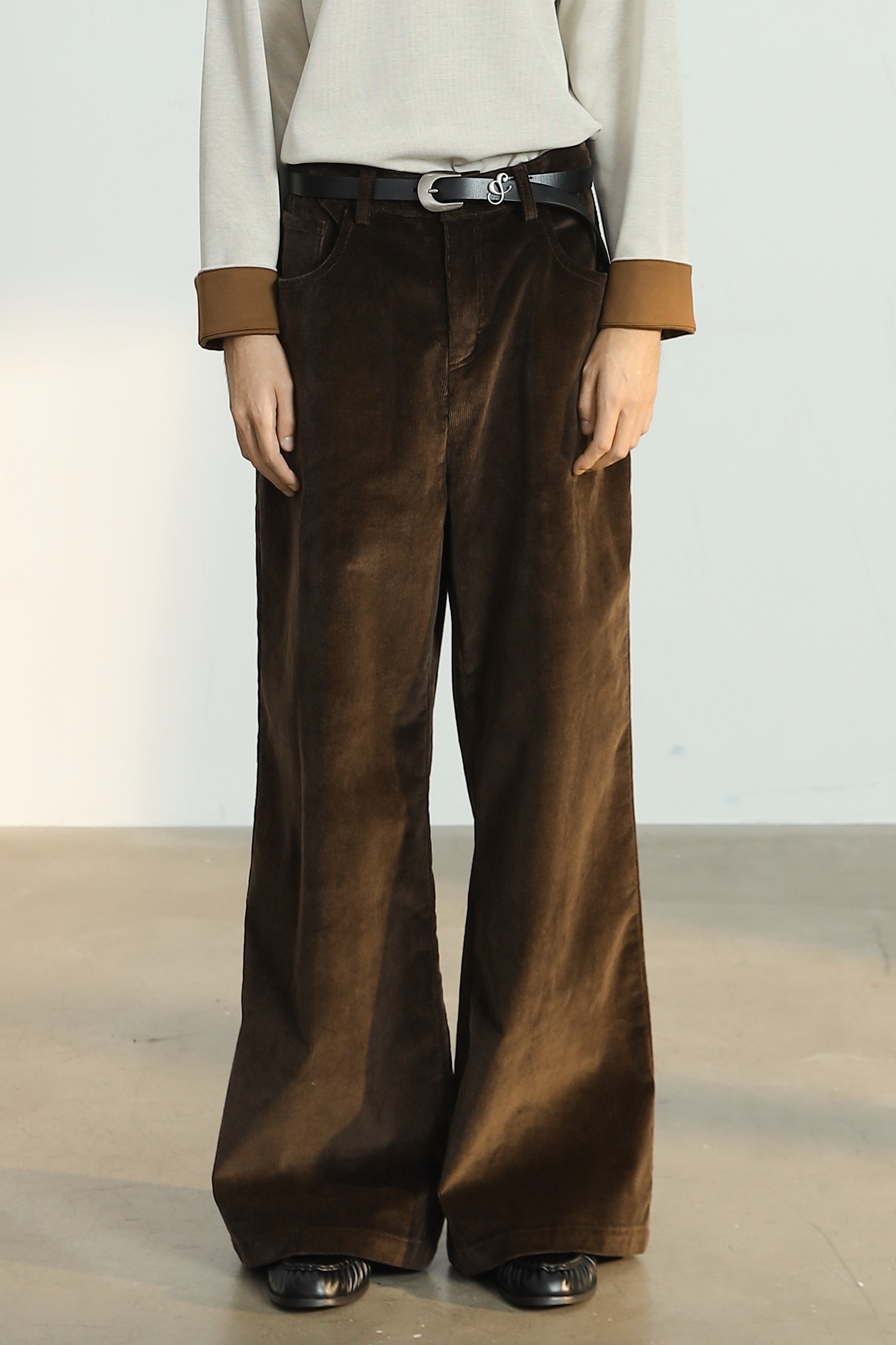 Wide Leg Semi-Flare Ribbed Corduroy Pants