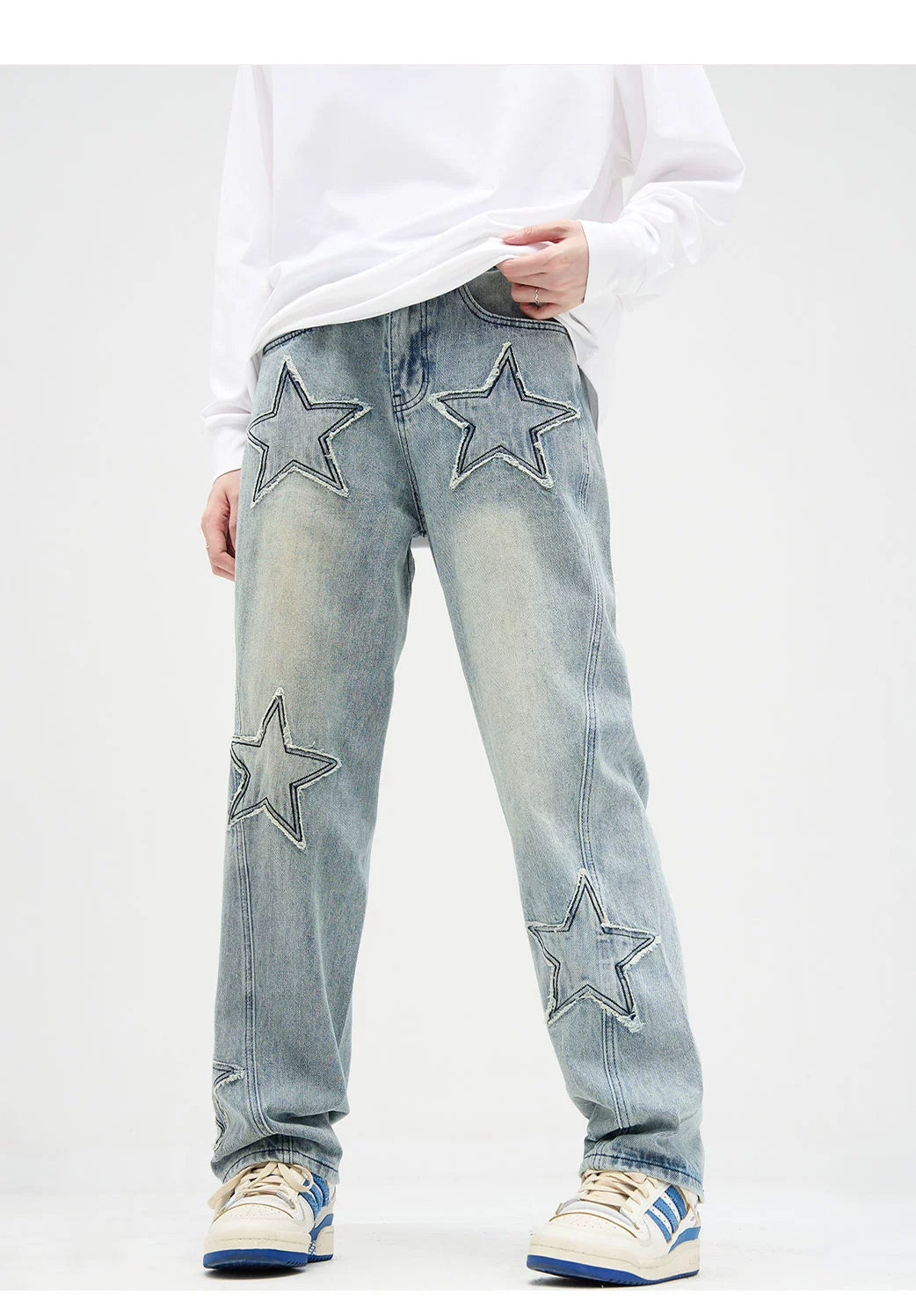 Star Patchwork Faded Straight Fit Jeans