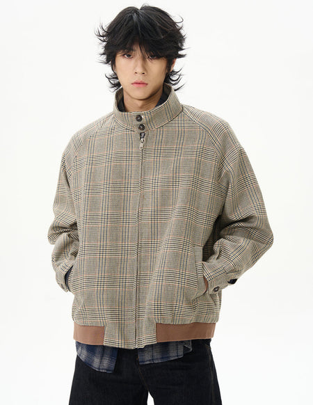 Plaid High Collar Zip Bomber Jacket - nightcity clothing
