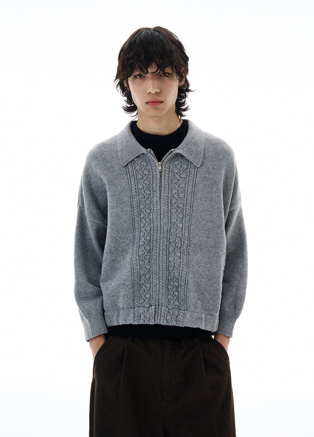 Cable Knit Mid-Crop Zip Cardigan Jacket