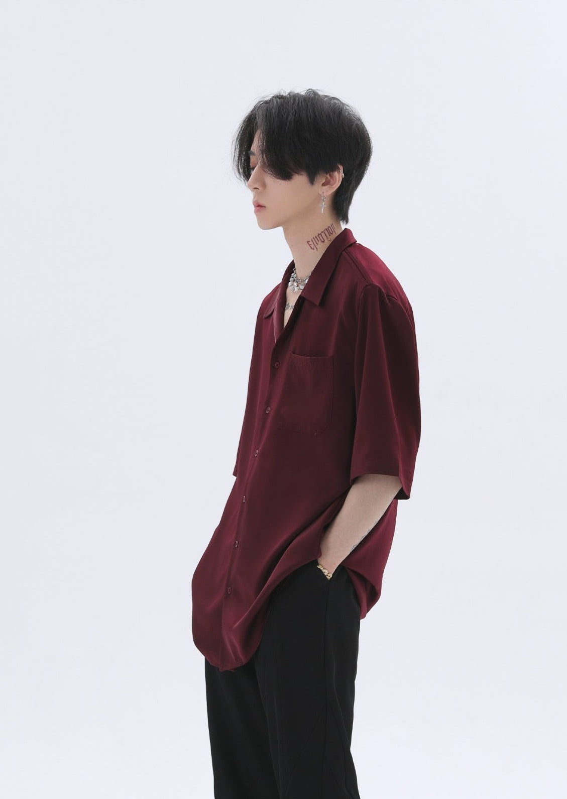 Oversized Silk Short Sleeve Shoulder-Padded Shirt