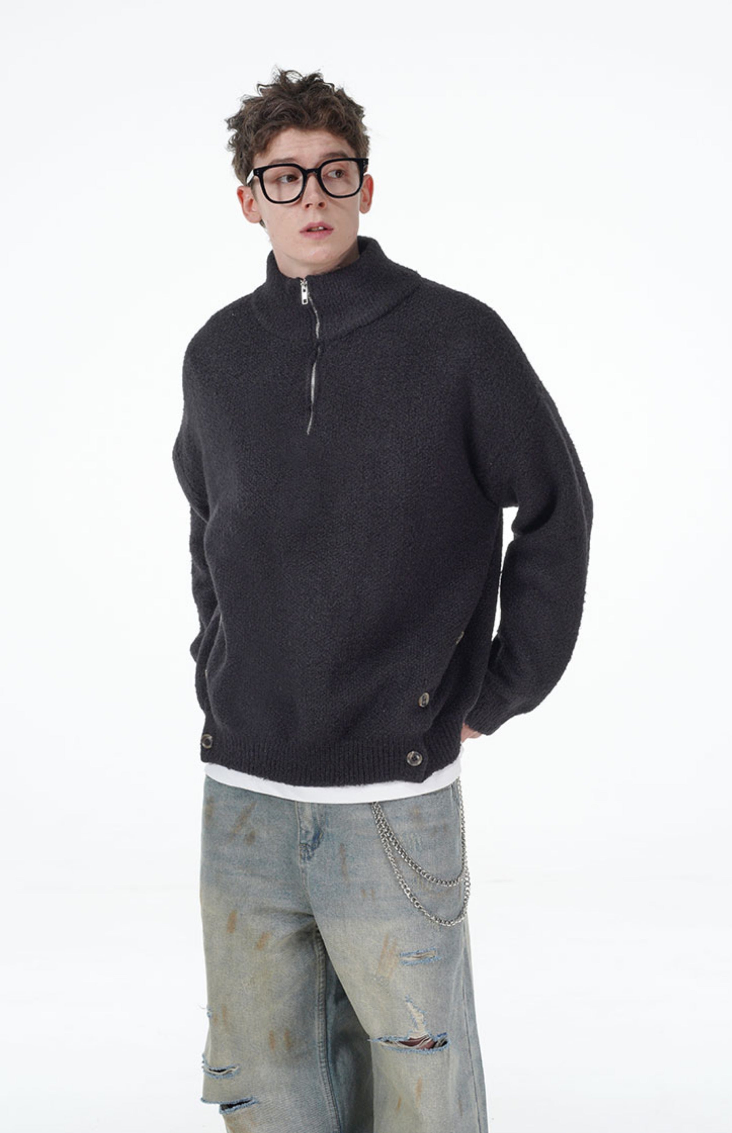 Textured Fleece Half-Zip Pullover with Button Detail