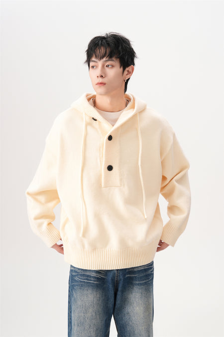 Ribbed Hem Drop Shoulder Half Button Hooded Sweater