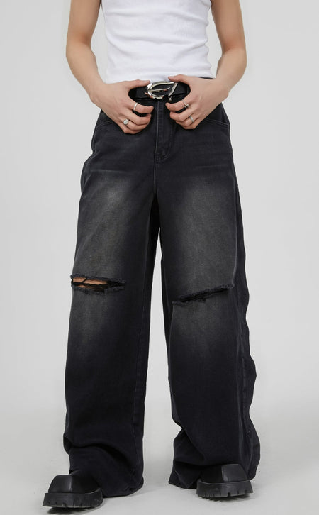 Vintage Washed Knee Ripped Wide-Leg Denim Jeans - nightcity clothing