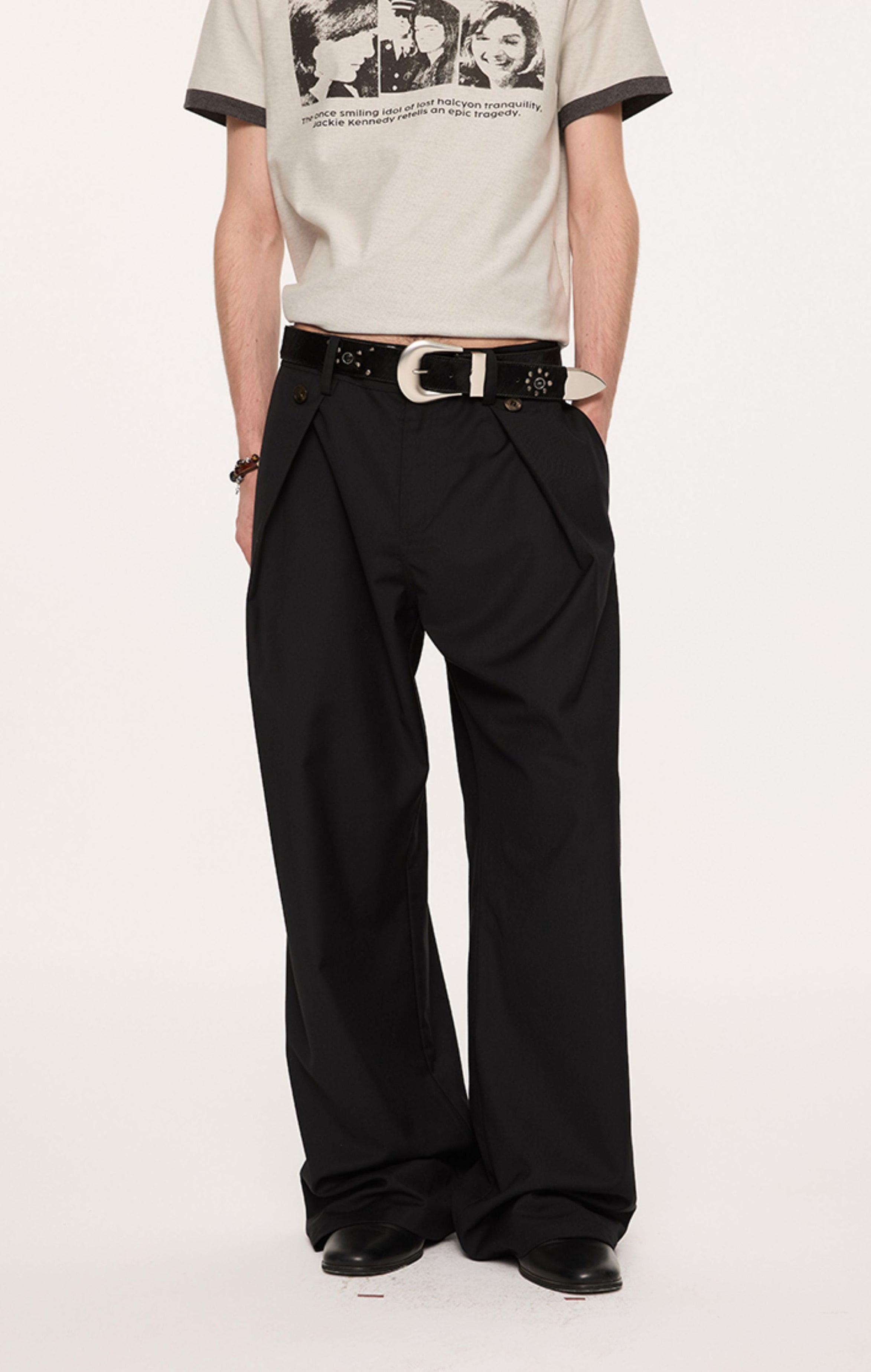 Wide Leg Pleated Pants with Side Overlay Button Panels