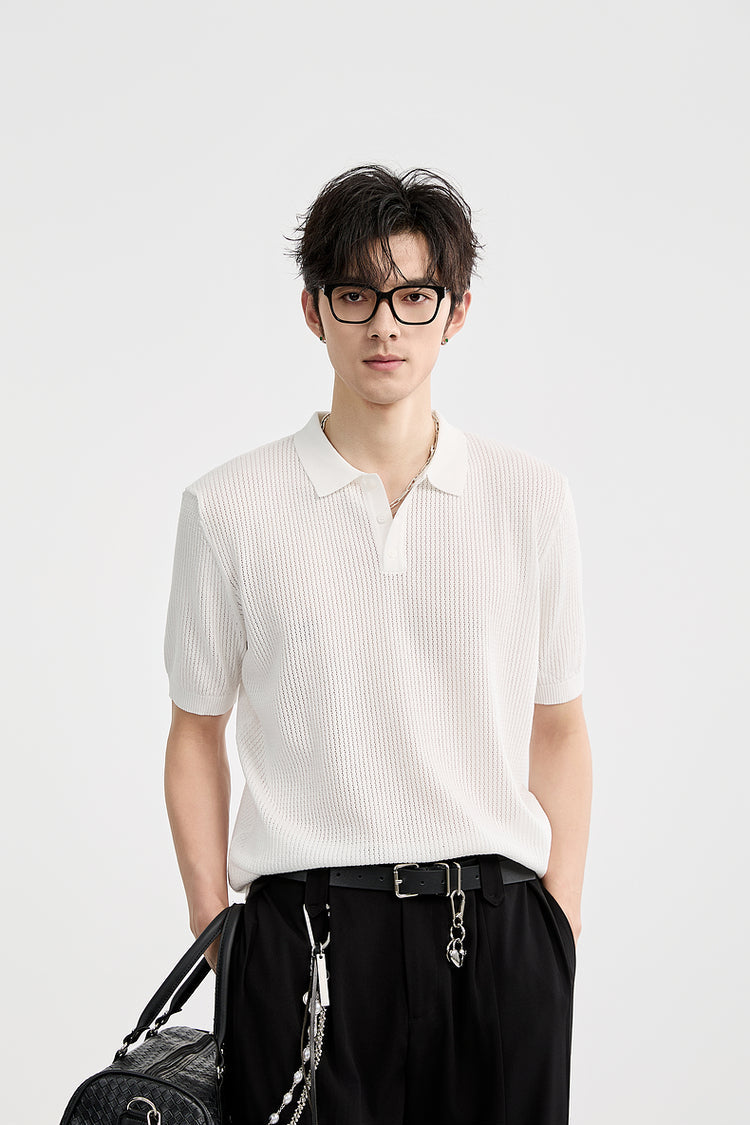 Waffle Textured Knit Short Sleeve Polo Shirt