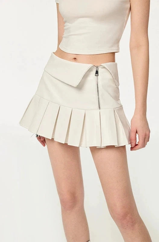 Boxy Faux Leather Jacket and Pleated Side Zip Mini Skirt Two-Piece Set