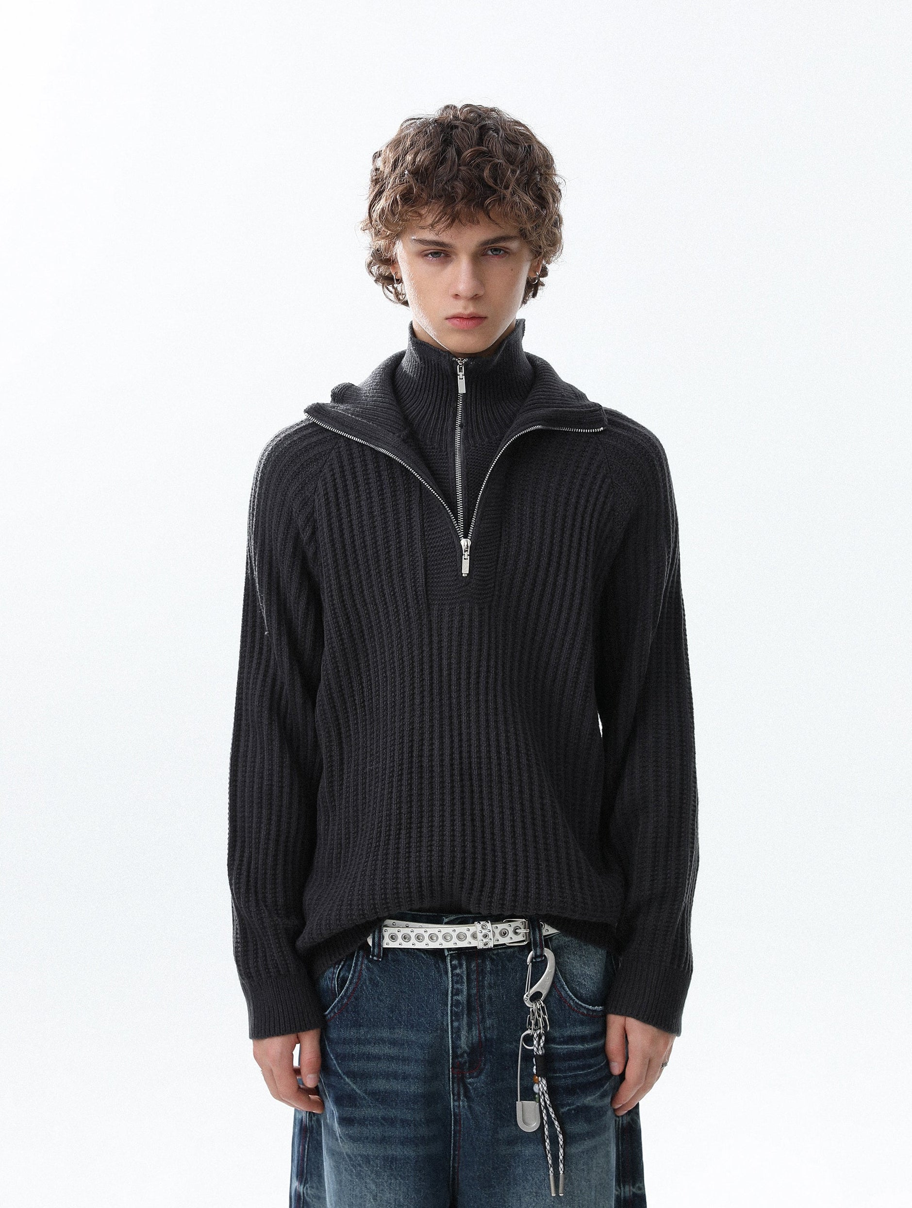 Ribbed Knit Layered Collar Half Zip Sweater