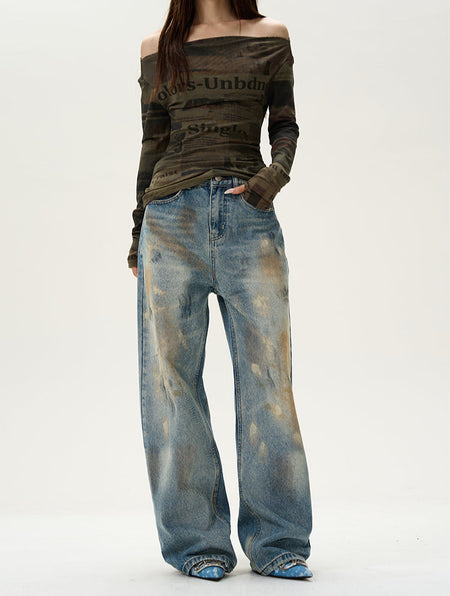High Waist Wide Leg Paint Smudge Jeans - nightcity clothing