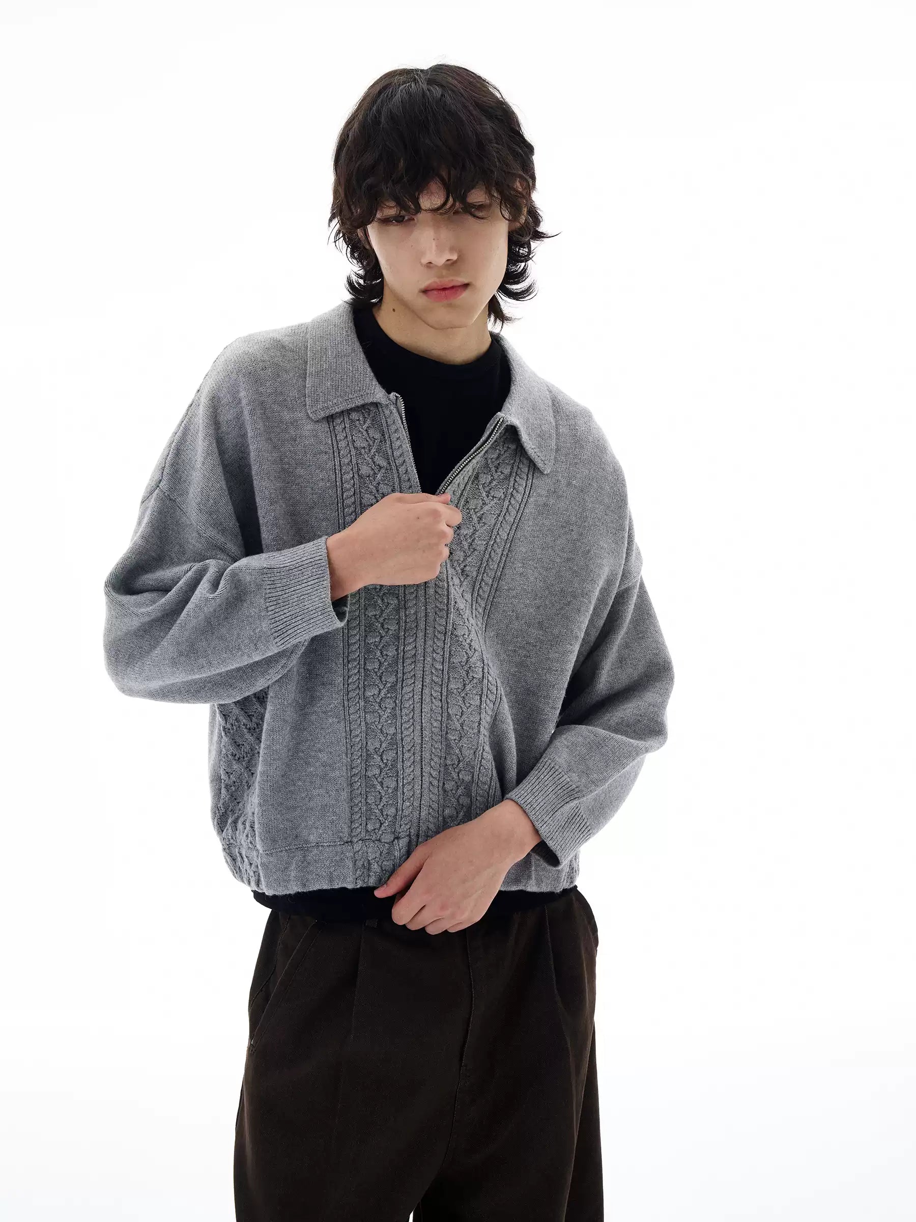 Cable Knit Mid-Crop Zip Cardigan Jacket