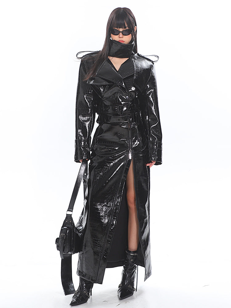 Glossy Belted Faux Leather Two-Piece Trench Set