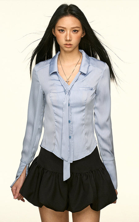 Striped Button-Up Long Sleeve Shirt with Tie Detail