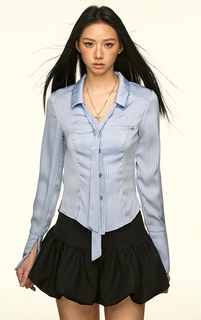 Striped Button-Up Long Sleeve Shirt with Tie Detail