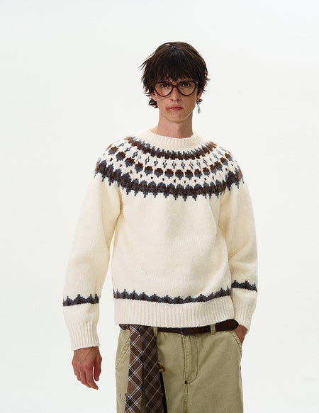 Patterned Fair Isle Crew Neck Wool Knit Sweater