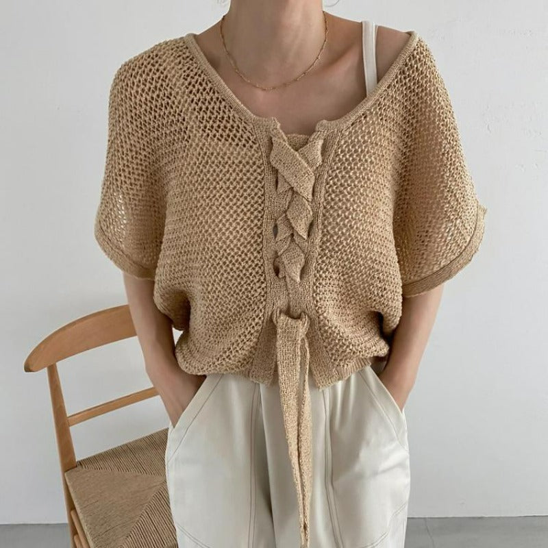 Reversible Open Knit Top with Drawstrings