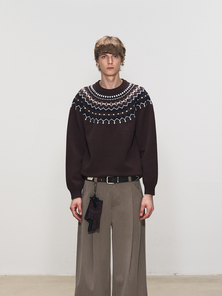 Jacquard Knit Crew Neck Sweater with Fair Isle Pattern