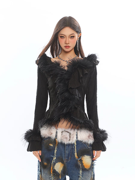 Ruffled Faux Fur Trim Long Sleeve Top
