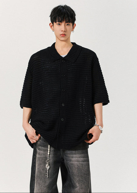 Sheer Open Knit Button-Up Short Sleeve Shirt