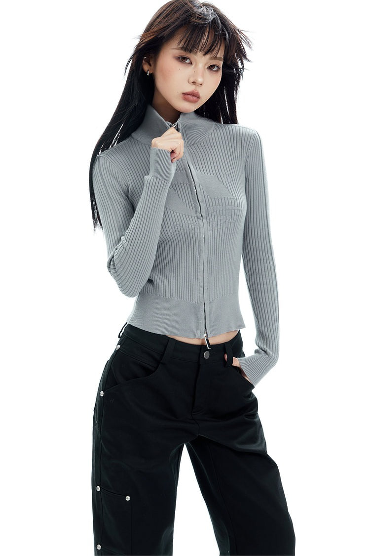 Ribbed Zip-Up Mock Neck Sweater