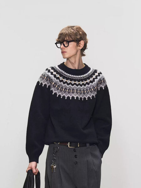 Jacquard Knit Crew Neck Sweater with Fair Isle Pattern