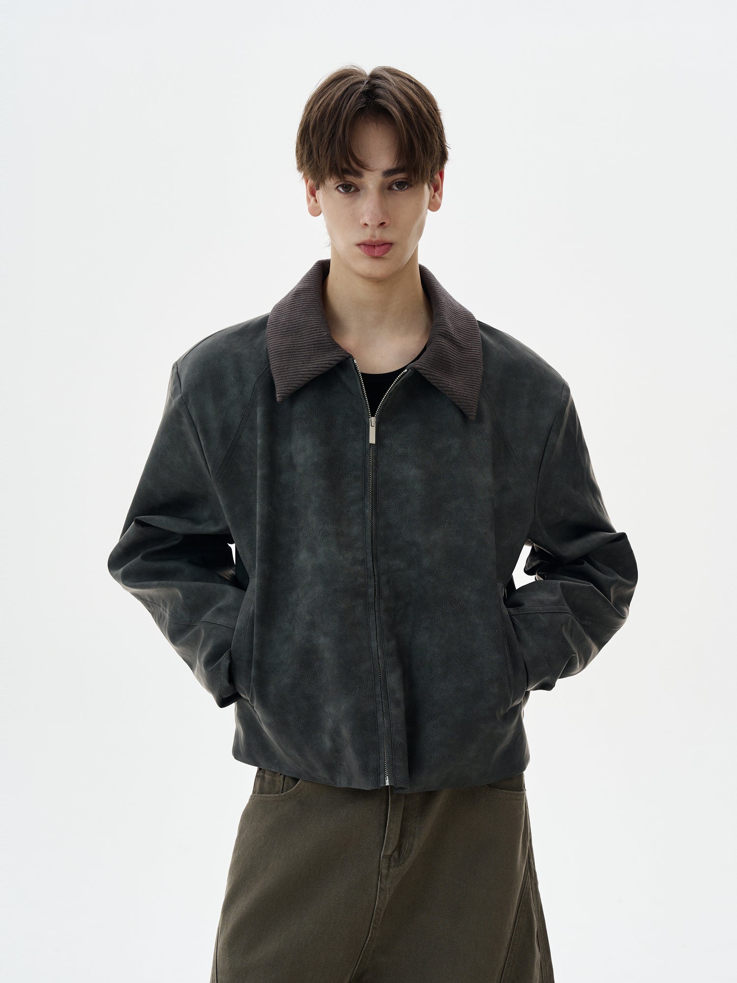 Contrast Corduroy Trim Faux Leather Zip Jacket