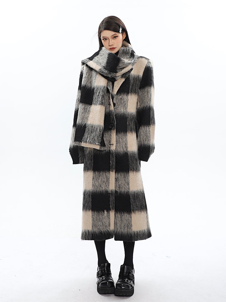 Oversized Fuzzy Checkered Overcoat with Scarf Detail