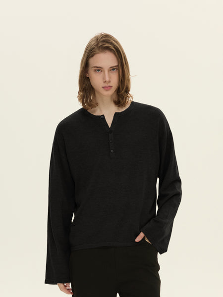 Knit Long Sleeve Henley Top with Button Placket