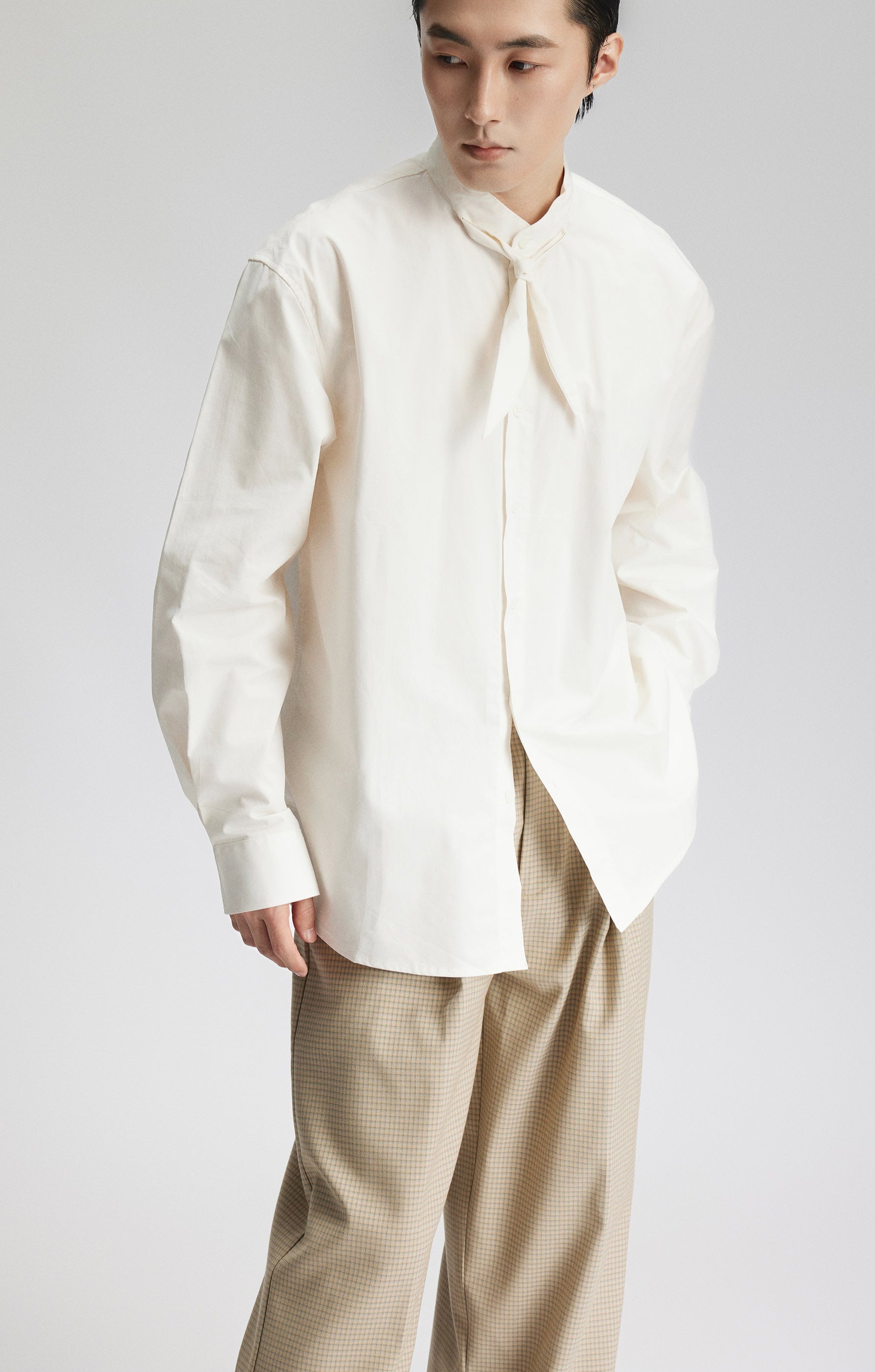 Mandarin Collar Button-Up Shirt with Attached Neck Tie Detail