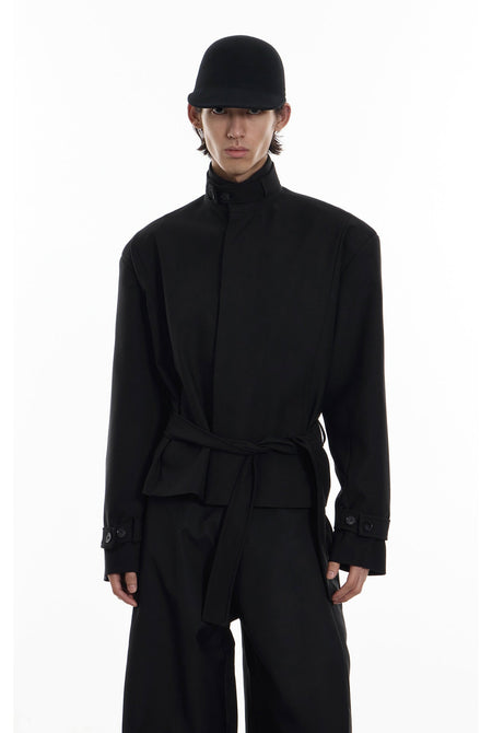 High Collar Button Cuff Belted Wrap Jacket