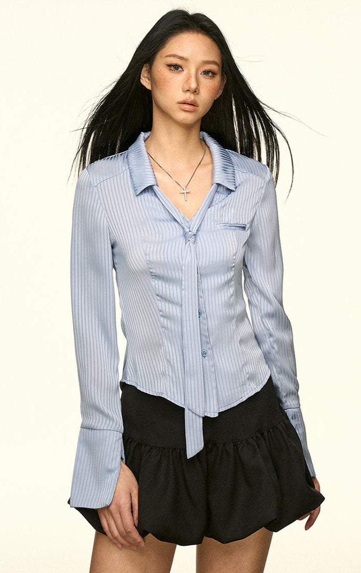 Striped Button-Up Long Sleeve Shirt with Tie Detail