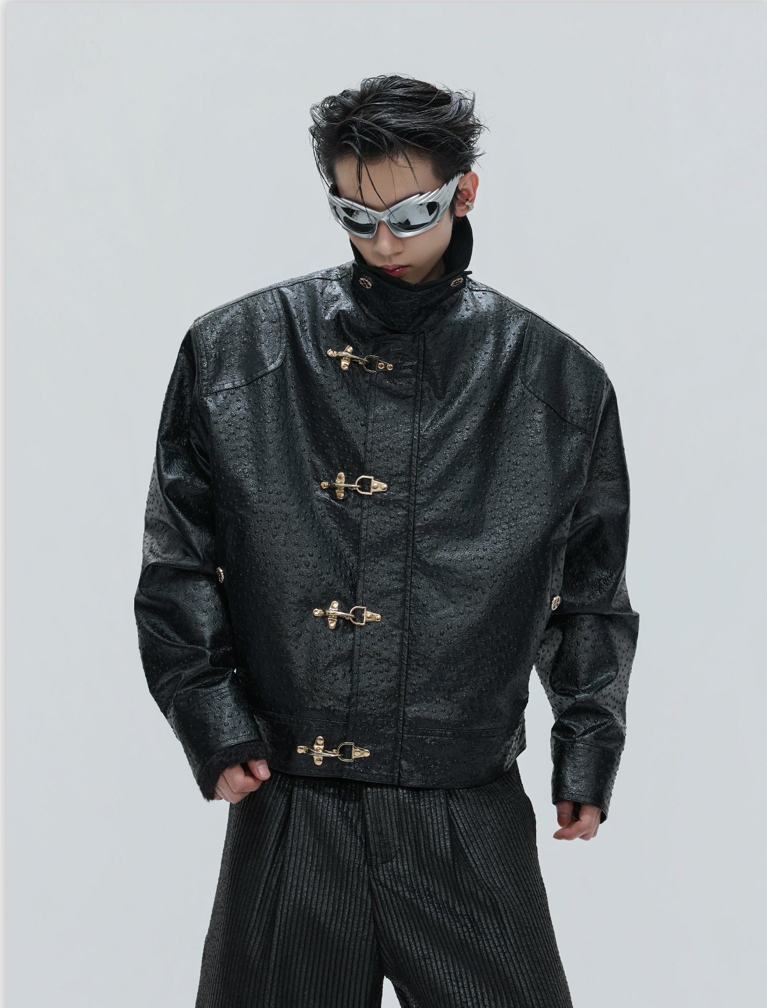 Faux Leather Textured Fireman-Clasp Boxy Jacket - nightcity clothing