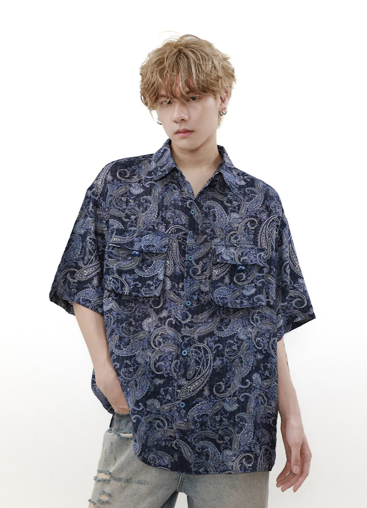 Paisley Print Short Sleeve Button Shirt With Flap Chest Pockets