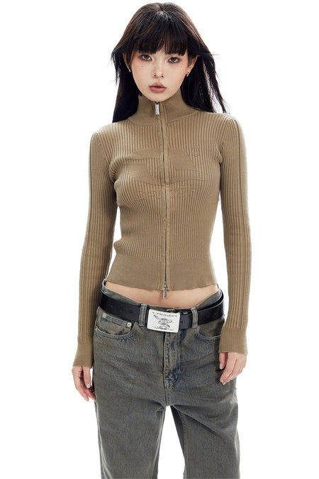 Ribbed Zip-Up Mock Neck Sweater - nightcity clothing
