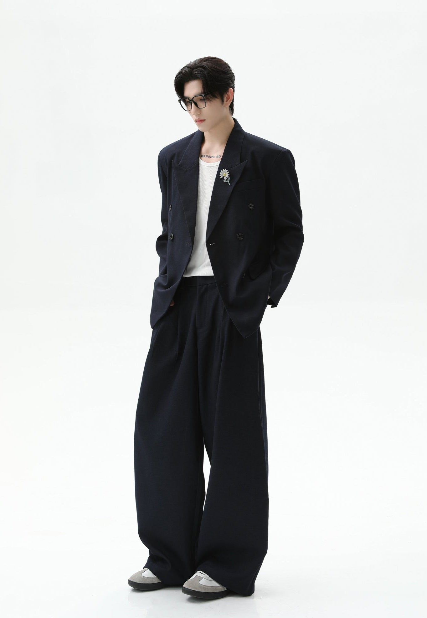 Oversized Double-Breasted Brooch Blazer and Wide-Leg Trousers Set