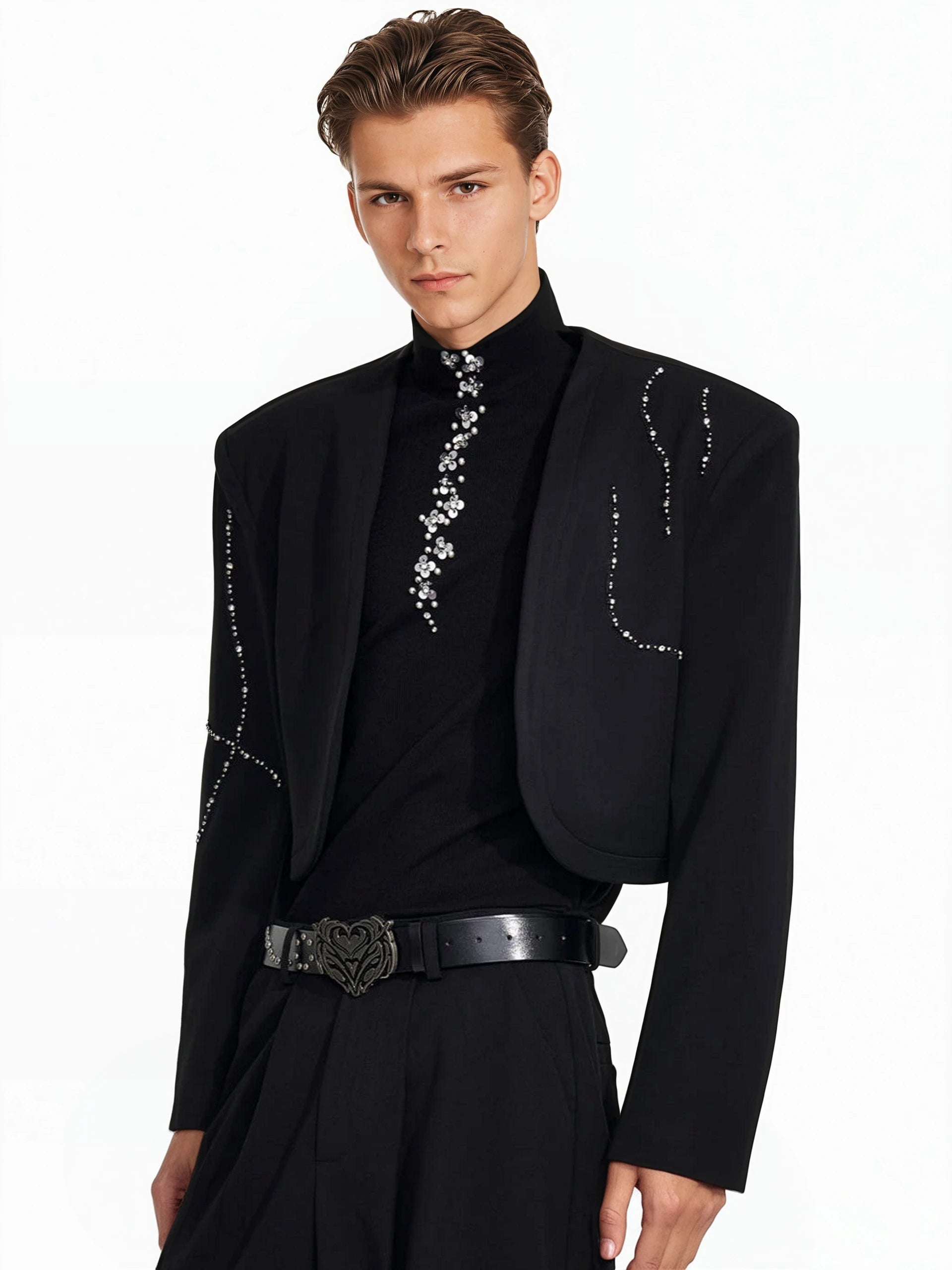 Structured Curve-Panel Cropped Blazer with Embellished Detailing and Wide Leg Pants Two-Piece Set