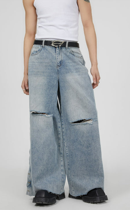 Vintage Washed Knee Ripped Wide-Leg Denim Jeans - nightcity clothing